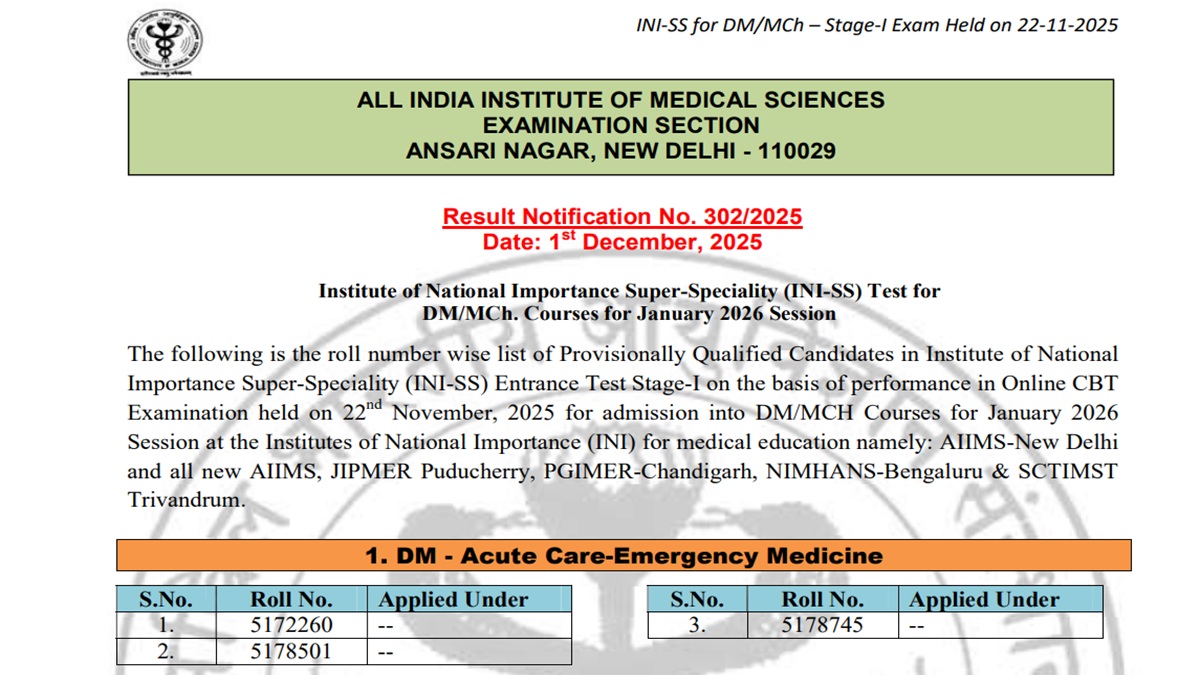AIIMS INI SS 2026 का रिजल्ट aiimsexams.ac.in पर जारी, PDF डाउनलोड के लिए यहां से पाएं Direct Link